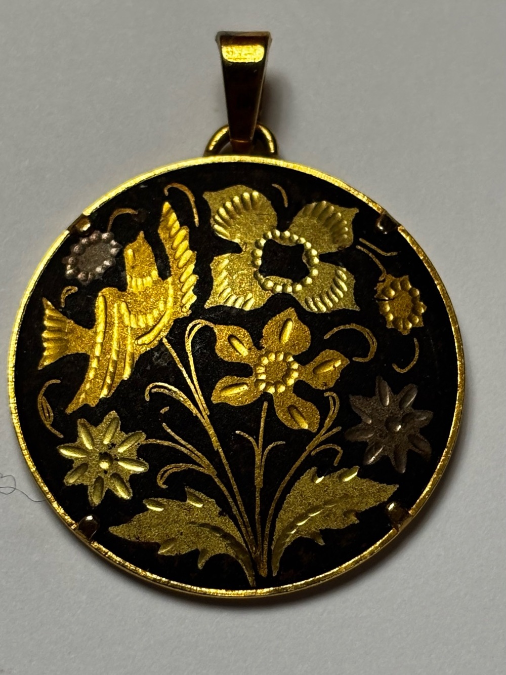Vintage Danascene Floral Bird Pendant gold and black